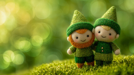 Two adorable knitted elf dolls wearing green outfits standing close together on soft moss with a dreamy natural bokeh background in warm sunlight