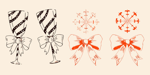 Hand drawn festive elements champagne glasses snowflakes and bows illustration