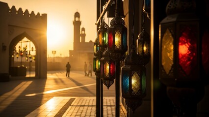 Colorful lanterns hang in a row outside a mosque at sunset in a Middle Eastern city.