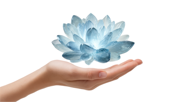 Hand Holding Blue Crystal on White Background - Spirituality, Purity, Enlightenment.
