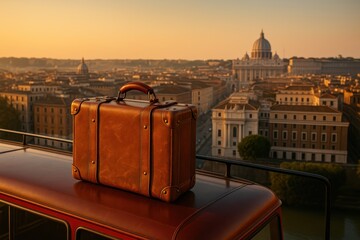 Vintage leather suitcase on a rooftop overlooking the Eternal City at dawn