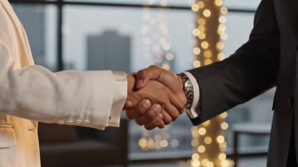 Close up of two business people shaking hand in agreement with city view and bokeh light in background - Powered by Adobe