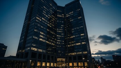 A large office building with lit windows at dusk or dawn in a city.