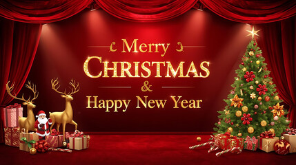 Naklejka premium Elegant Red Background Merry Christmas and Happy New Year with santa and christmas tree christmas ornaments for flyers, banners, backgrounds, greetings, text space