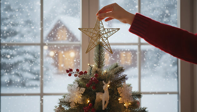 Adding a star to the Christmas tree, cozy holiday season in a snowy window view