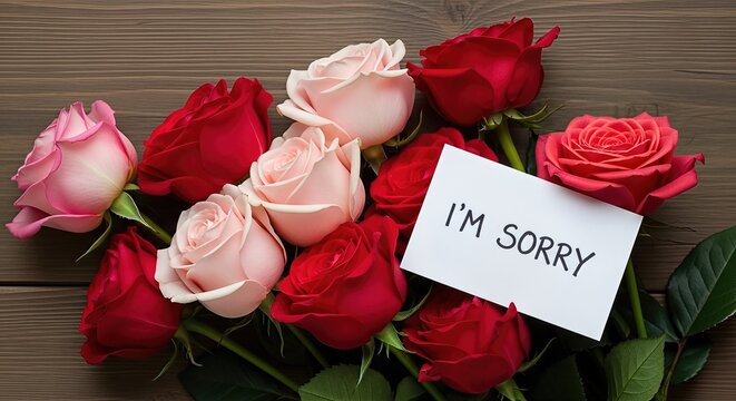 Beautiful arrangement of red and pink roses with a handwritten note saying I'm sorry, symbolizing forgiveness and reconciliation in a heartfelt gesture of love and apology