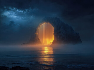 Mysterious glowing natural rock arch over calm water under a dark cloudy night sky with golden light reflections creating a magical dreamlike atmosphere