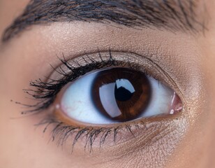 A close-up of a human eye, showcasing intricate details of the iris, eyelashes, and skin texture.