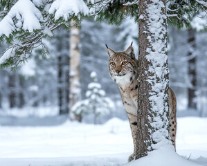 Lynx peeking from behind a snowy tree