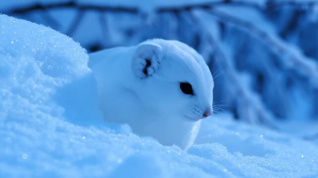 White weasel in snow, winter landscape background in cold temperatures