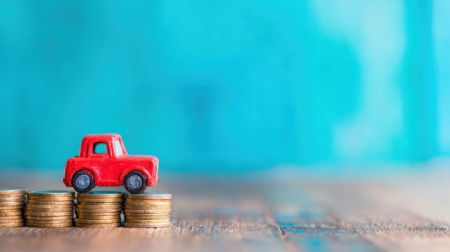 Toy car on stacked coins illustrating finance concepts and savings strategy - Powered by Adobe