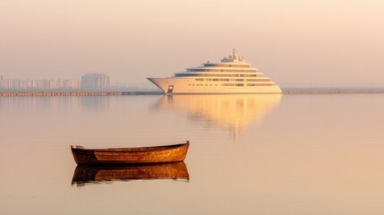 Large yacht and small wooden boat near coast during calm sunrise