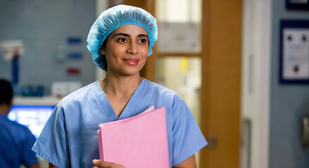 Compassionate healthcare worker smiling in hospital setting ready to provide quality patient care and medical support