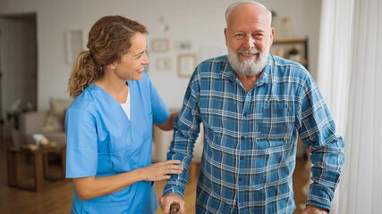 Smiling nurse in blue scrubs helping elderly man with a cane walk at home. - Powered by Adobe
