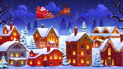 Fototapeta premium Cartoon Santa on sleigh flying above Christmas town. Xmas winter holiday night vector banner of Christmas town street snowy landscape with cozy houses and pine trees, reindeer sleigh, Santa and gifts