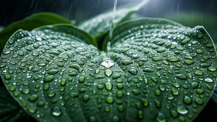 Close-up of a green leaf with raindrops on its surface in the rain.