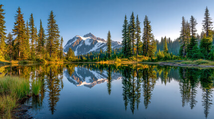 Peaceful mountain landscape with snow-capped peaks reflected in a calm lake surrounded by tall evergreen trees under clear blue sky during golden hour