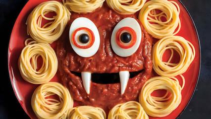Spooky Halloween spaghetti monster with tomato sauce eggs and spaghetti nest border on a vibrant red plate