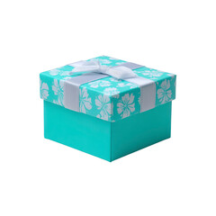 Turquoise gift box with white floral pattern, white ribbon, and bow, perfect for celebration, birthday, or special occasion, creating joyful and festive mood