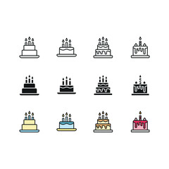 Birth cake set icon in line glyph and color style for celebration and dessert design