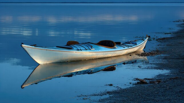 kayak. A kayak rests on the shoreline, reflecting calm blue waters in a serene natural setting. tourism brochures, itinerary planners, designed for travel destination branding.