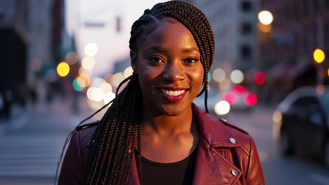Portrait of a smiling young black woman with box braids wearing a leather jacket on a city street at dusk