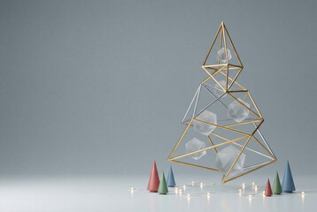 Geometric metal Christmas tree with frosted polyhedron ornaments on minimal gray background, modern holiday decor concept with pastel cone trees and warm fairy lights for seasonal design