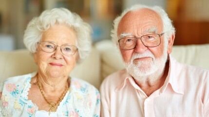 Elderly couple smiling together in cozy living room on a bright afternoon