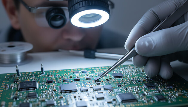 Electronics engineer meticulously repairing circuit board with tweezers and lamp
