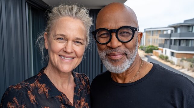 Couple smiling on balcony during sunny day in coastal neighborhood