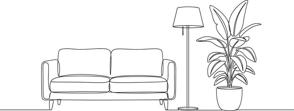Minimal One-Line Illustration of Sofa, Floor Lamp and Potted Plant.