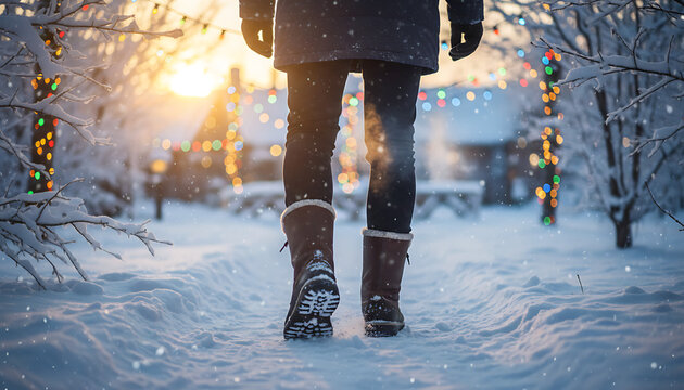 Cozy winter stroll on a snowy path with festive Christmas lights at sunset - Powered by Adobe