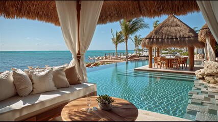 An inviting thatched-roof cabana with comfortable seating and white curtains, set against the backdrop of an infinity pool.
