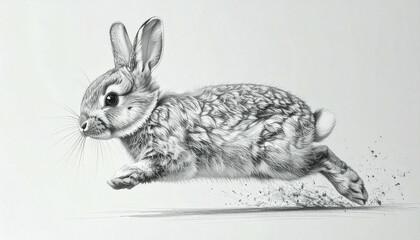 A detailed black and white pencil drawing of a small, fluffy rabbit captured in mid-leap, kicking up dust as it runs across a plain background.