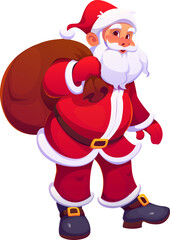 Cartoon Christmas Santa character for winter holiday with gifts bag, vector personage. Funny old Santa Claus with beard and sack of New Year presents for kids on Christmas. Cartoon holiday character