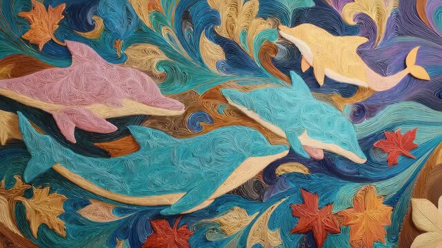 Dolphins swimming through colorful waves with falling leaves in a vibrant artistic design