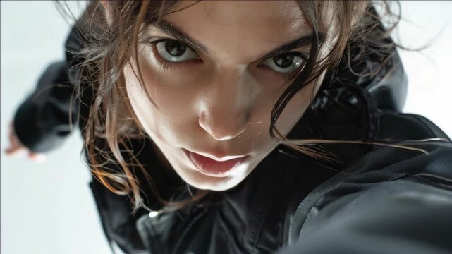 A young woman with a focused expression and sweat-drenched hair captures the intensity of physical exertion or training. She appears ready to push through whatever obstacle she faces.