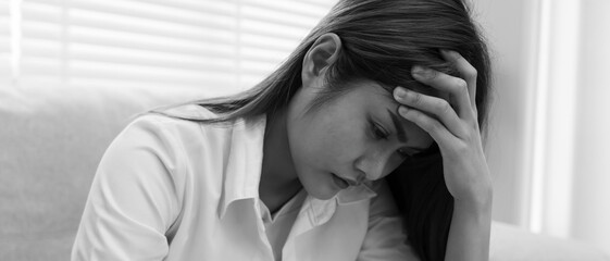 Unhappy asian woman girl disappointed, sad about problem in home alone, feel lonely, Stressed, suffering from bad relationship, break up, divorce, female confused, depression mental health, loneliness