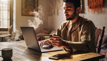 Online Payment at Home: Young Man Using Laptop and Holding Credit Card