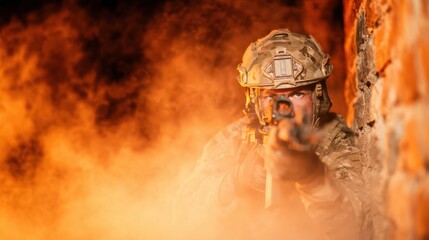 Obraz premium Soldier aiming weapon during combat training exercise at night
