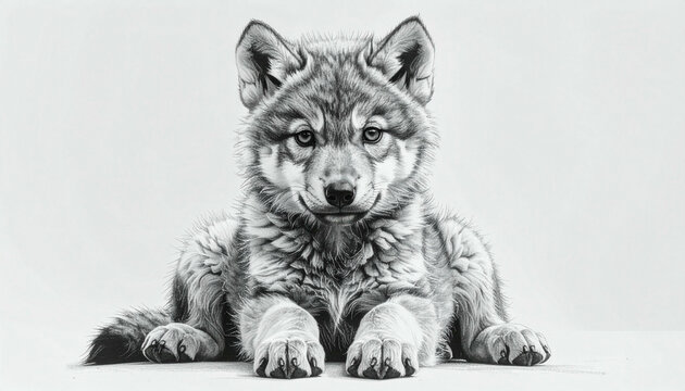A detailed drawing of a wolf cub lying down, looking directly at the viewer with a soft expression.