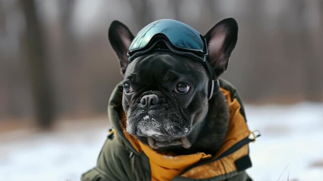 A pug dog wearing winter attire and snow goggles looks out at the cold weather.