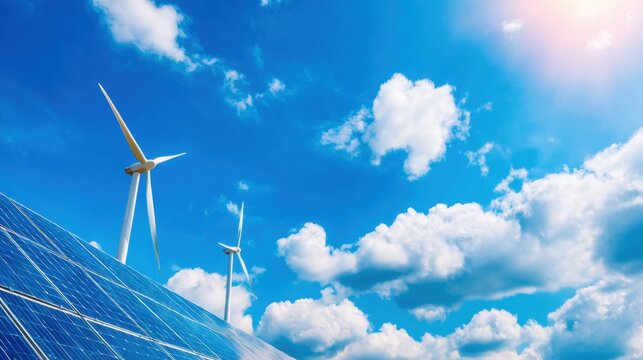 Renewable energy sources showcase solar panels and wind turbines under blue sky - Powered by Adobe
