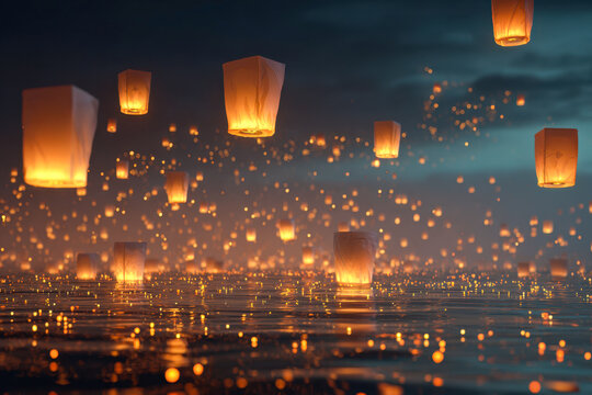 Floating glowing lanterns illuminating the night sky and reflecting on water during a serene festive celebration under a dark blue evening atmosphere