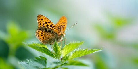 Obraz premium Butterfly is sitting on a green leaf