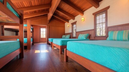 Spacious cabin interior with comfortable bunk beds and natural light