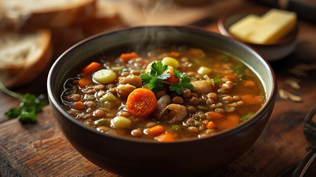 Taz&oacute;n de sopa de lentejas relleno de zanahorias en rodajas y apio