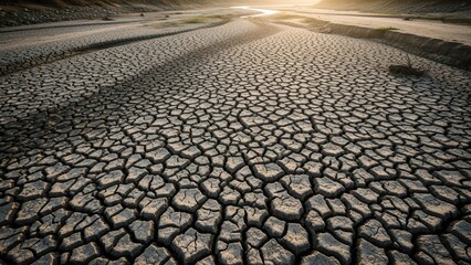 Dry cracked earth surface with sunlight shining through at horizon