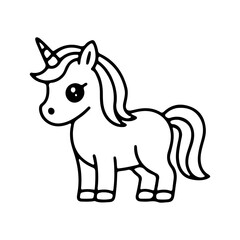 Cute unicorn character with a shiny horn and flowing mane standing on a plain background available for coloring activities
