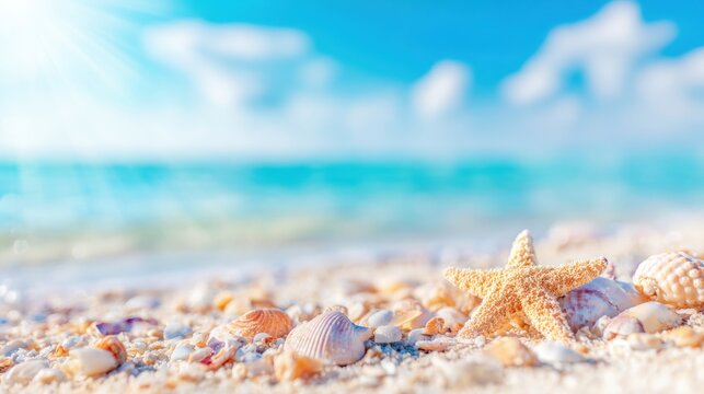 Scenic beach view featuring seashells and a starfish on sandy shore